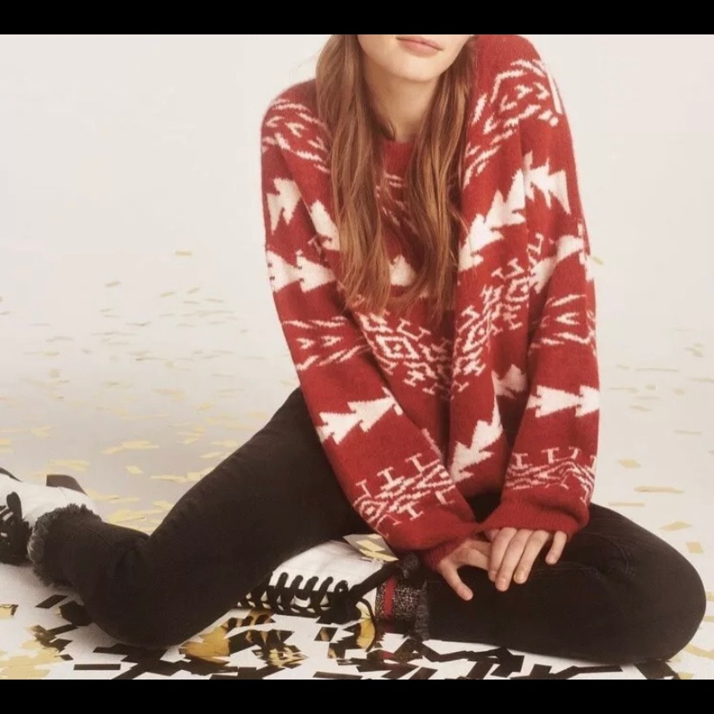 Express Fair Isle Boxy Sweater in Red White XS